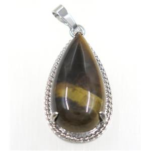 Tigers eye stone teardrop pendant, copper, platinum plated, approx 15x30mm