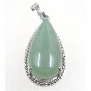 green Aventurine teardrop pendant, copper, platinum plated, approx 15x30mm