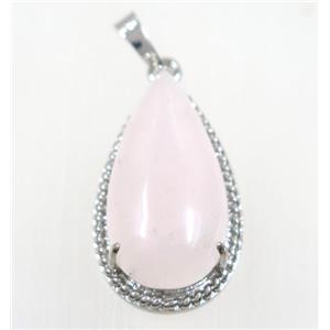 pink Rose Quartz teardrop pendant, copper, platinum plated, approx 15x30mm