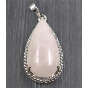 pink Rose Quartz teardrop pendant, copper, platinum plated, approx 15x30mm