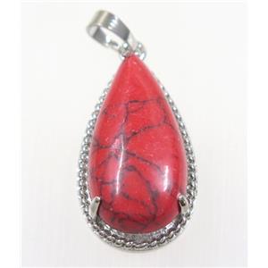 red dye Turquoise teardrop pendant, copper, platinum plated, approx 15x30mm