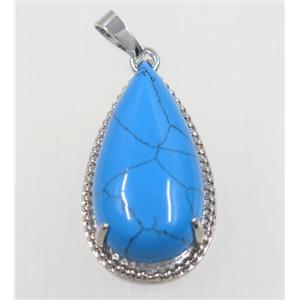 blue dye Turquoise teardrop pendant, copper, platinum plated, approx 15x30mm
