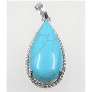 aqua turquoise teardrop pendant, copper, platinum plated, approx 15x30mm