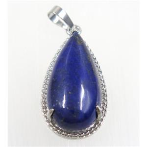 blue Lapis Lazuli teardrop pendant, copper, platinum plated, approx 15x30mm