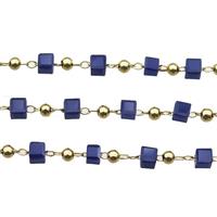 copper chain with blue crystal glass cube beads, gold plated, approx 2.5mm