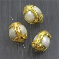 white freshwater Pearl beads, round, gold plated, approx 13-18mm