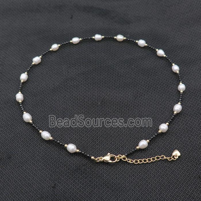 White Pearl Necklace With Black Spinel