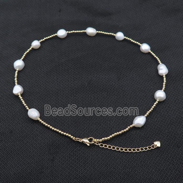 White Pearl Necklace With Copper Pony Beads Gold Plated