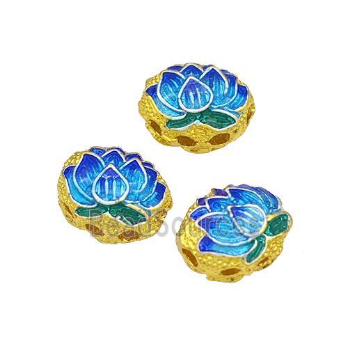 Copper Lotus Beads Blue Painted Gold Plated