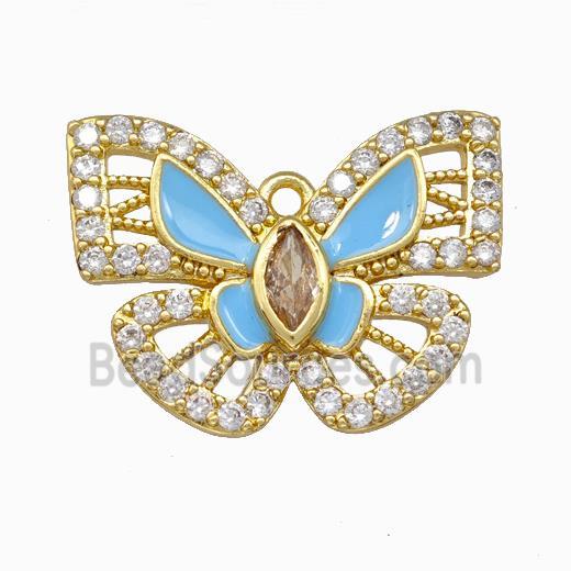 Copper Butterfly Pendant Pave Zirconia Blue Enamel Gold Plated