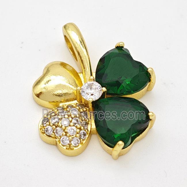 Copper Clover Pendant Pave Zirconia Green Crystal Glass Gold Plated