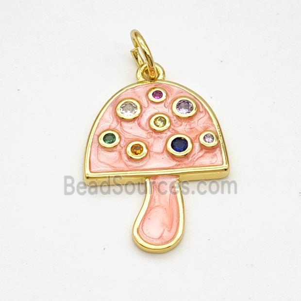 Copper Mushroom Pendant Pave Zirconia Pink Painted Gold Plated