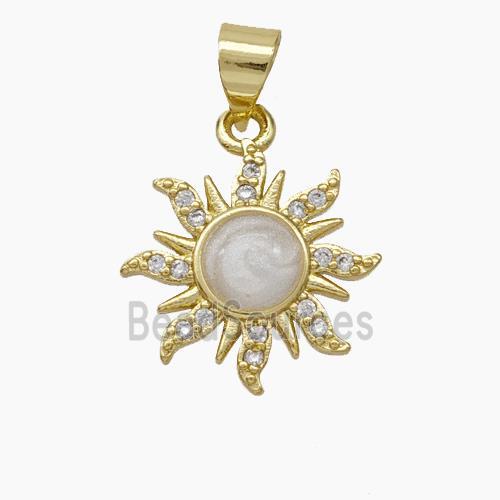 Copper Sun Pendant Pave Zirconia White Enamel Gold Plated