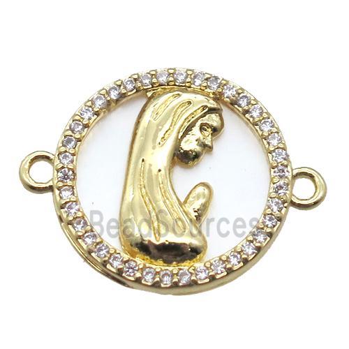 copper circle connector pave zircon with shell virgin mary, gold plated