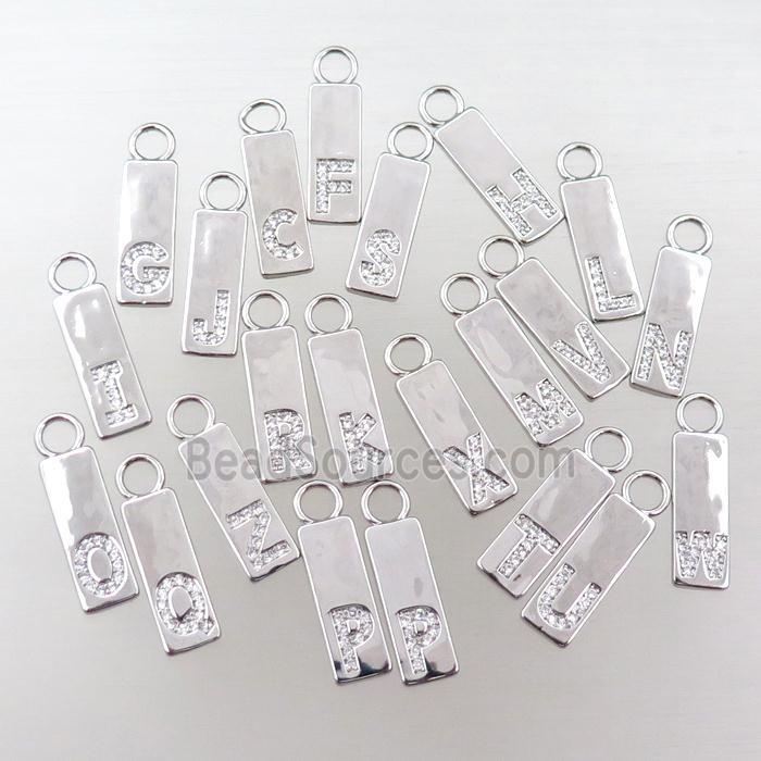 copper rectangle pendant pave zircon, letter, platinum plated, mix