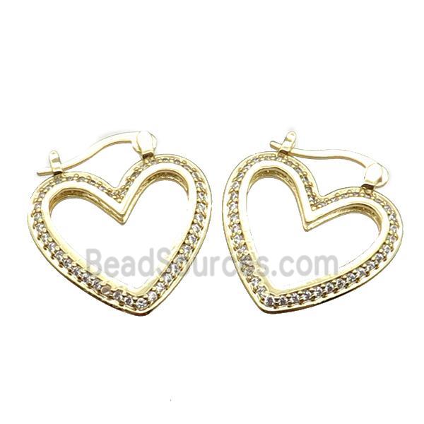 copper heart Latchback Earrings pave zircon, gold plated