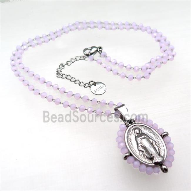 Stainless Steel Jesus Necklace Pink Crystal Glass Platinum Plated