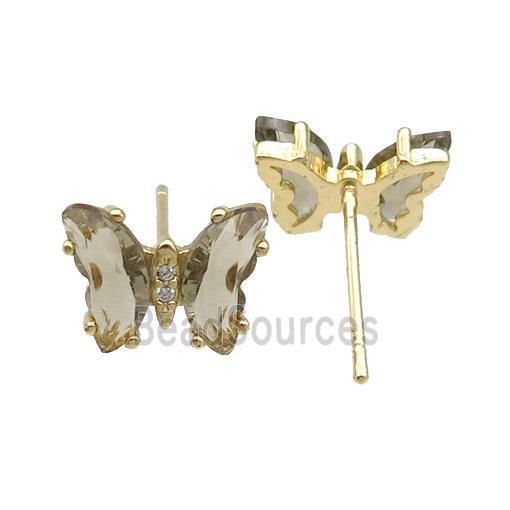 smoky Crystal Glass Butterfly Stud Earrings, gold plated