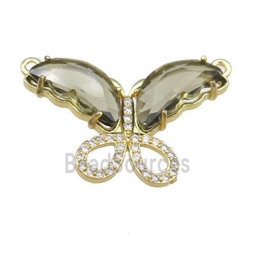 smoky Crystal Glass Butterfly Pendant with 2loops, gold plated
