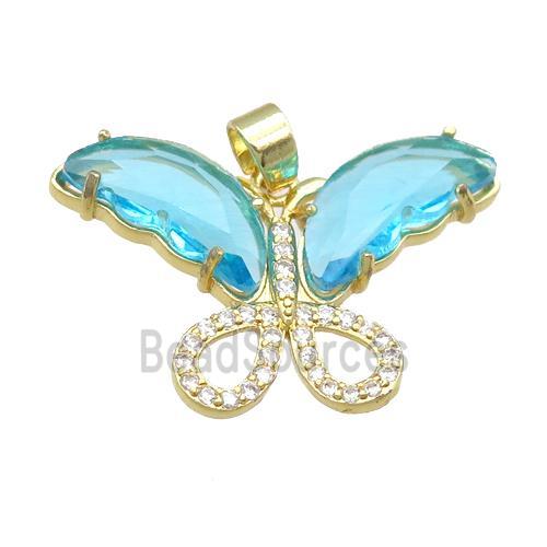 aqua Crystal Glass Butterfly Pendant, gold plated