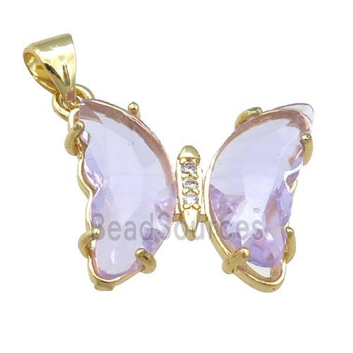 lavender Crystal Glass Butterfly Pendant, gold plated