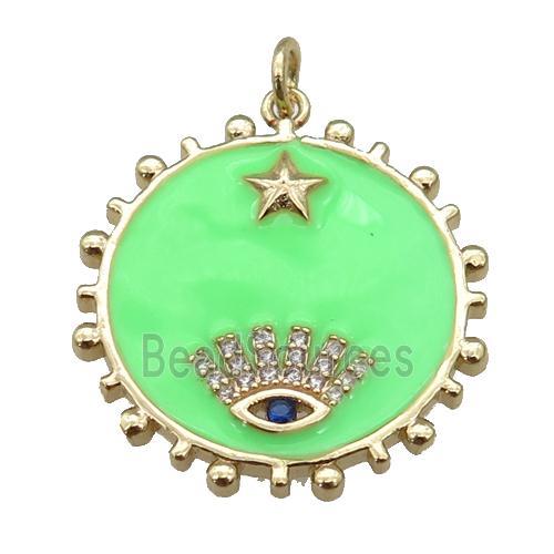 copper circle pendant with green enamel, eye, gold plated