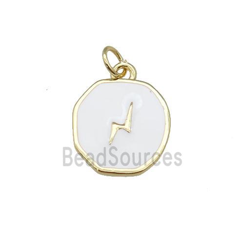 copper circle pendant with white enamel, lightning, gold plated