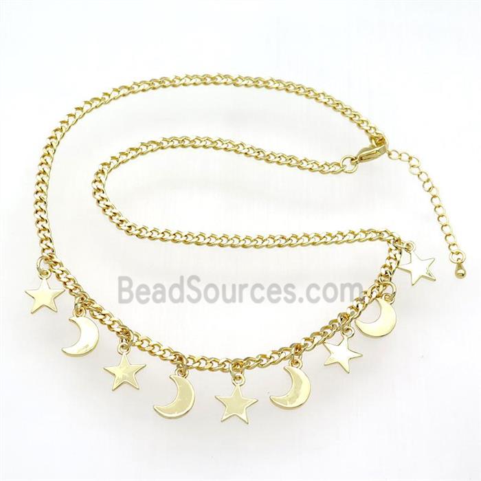 copper Necklace, moon star, adjustable, gold plated