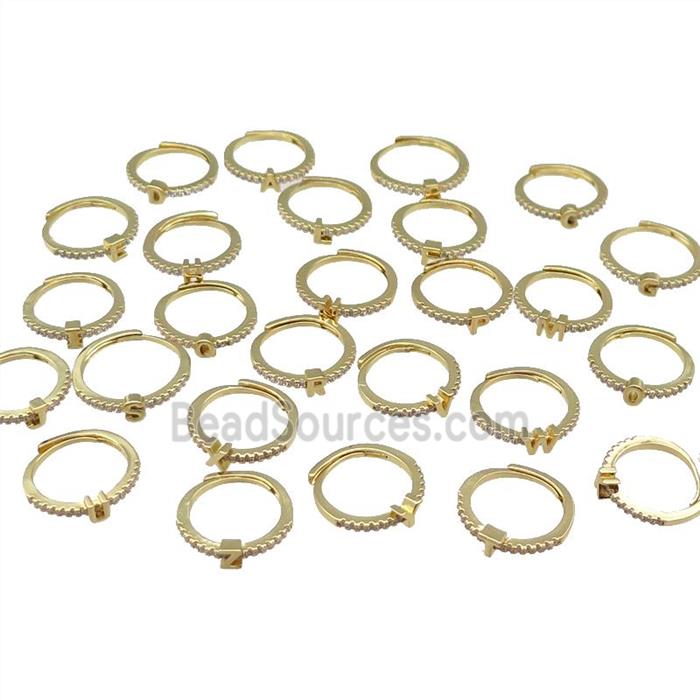 mix copper Ring pave zircon, alphabet letter, adjustable, gold plated