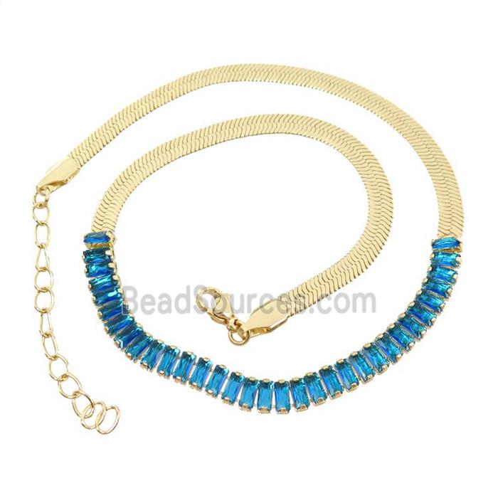Copper FlatSnake Necklace Pave Blue Zircon Gold Plated