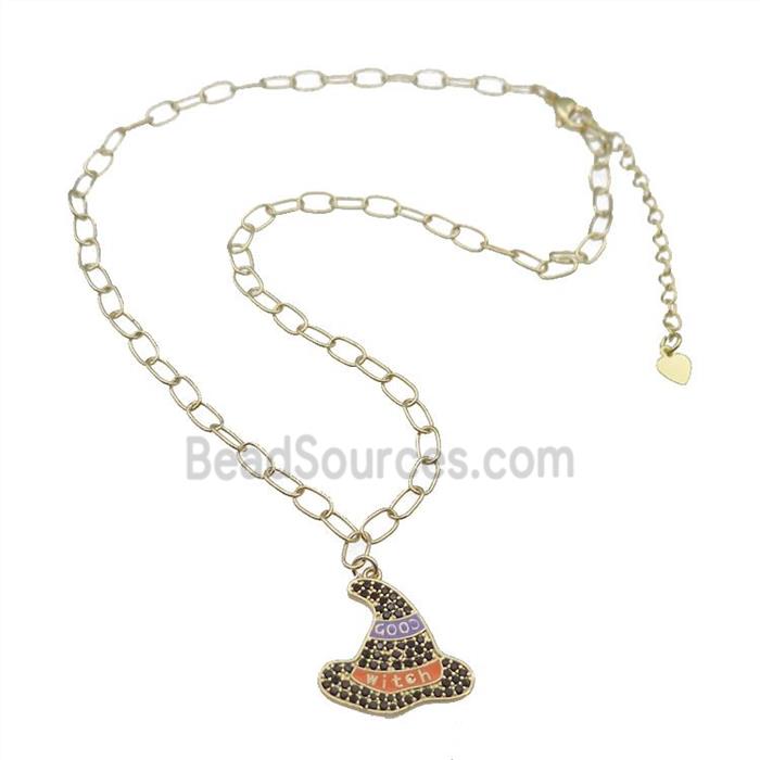 Copper Necklace With Halloween Witch Hat Charms Pave Zircon Gold Plated