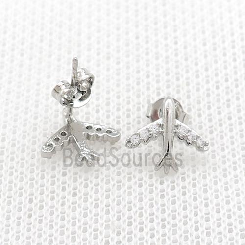Copper Stud Earrings Pave Zircon Airplane Platinum Plated