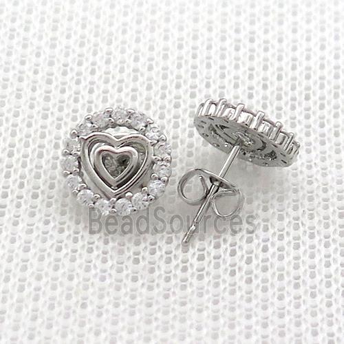 Copper Stud Earrings Pave Zircon Heart Circle Platinum Plated
