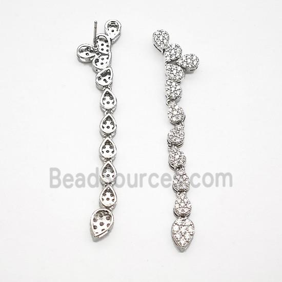 Copper Stud Earrings Micro Pave Zirconia Teardrop Link Stick Platinum Plated