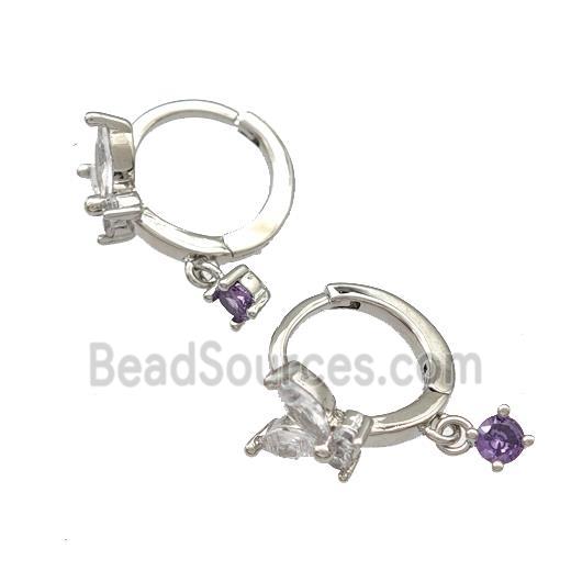 Copper Butterfly Hoop Earrings Pave Zircon Platinum Plated