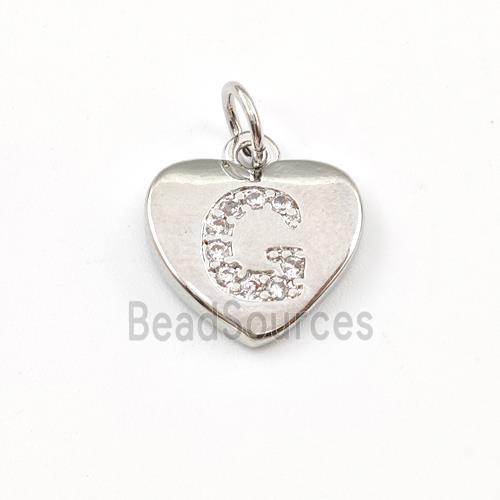 Copper Heart Pendant Pave Zirconia Letter-G Platinum Plated
