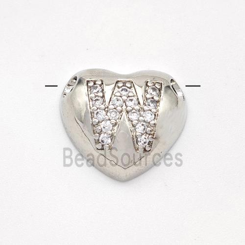 Copper Heart Pendant Pave Zirconia Letter-W Large Hole Platinum Plated
