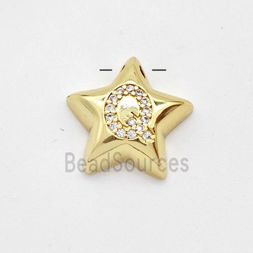 Copper Star Pendant Pave Zirconia Letter-Q Large Hole Gold Plated