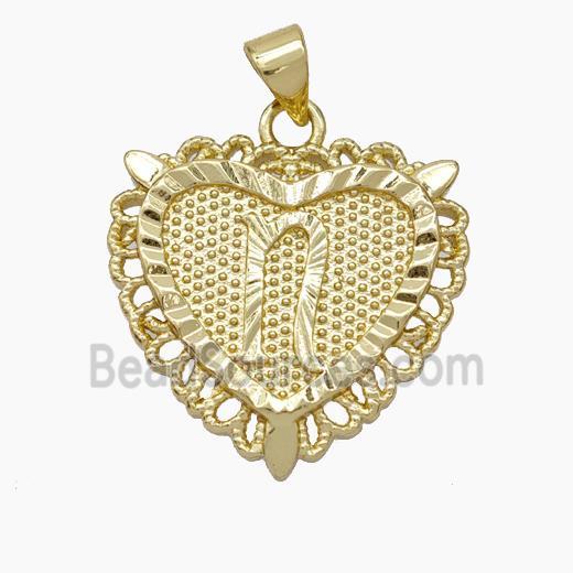 Copper Heart Pendant Letter-N Gold Plated