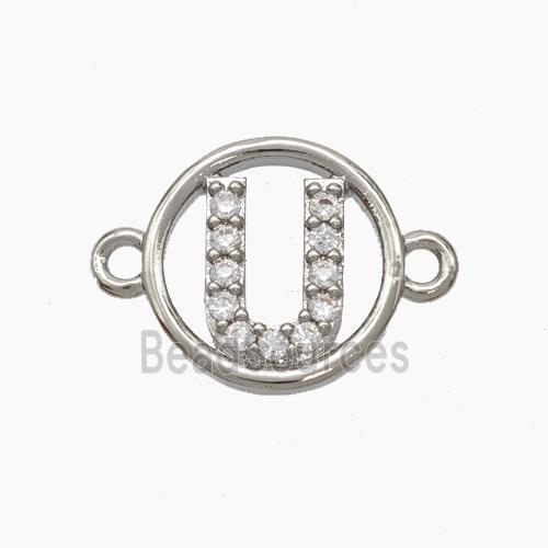 Copper Letter-U Connector Pave Zirconia Circle Platinum Plated