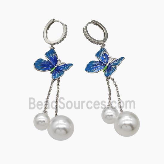 Copper Hoop Earrings Pave Pearlized Resin Blue Painted Butterfly Platinum Plated