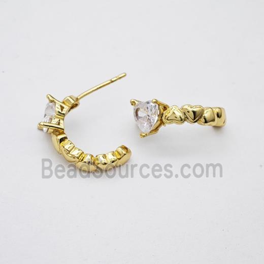 Copper Stud Earrings Pave Zirconia Heart Gold Plated