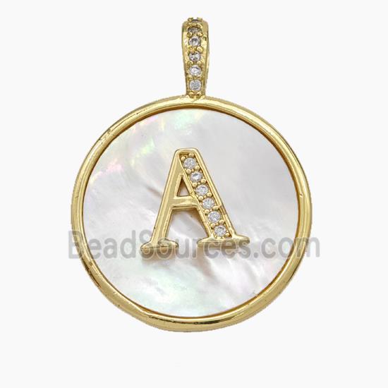 Copper Letter-A Pendant Pave Shell Zirconia Circle Gold Plated