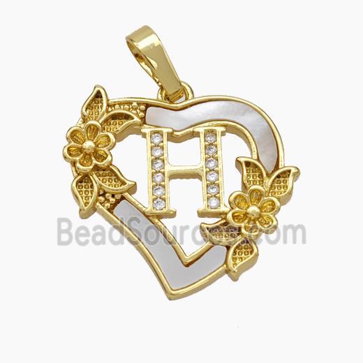 Copper Heart Pendant Pave Shell Zirconia Letter-H Flower 18K Gold Plated