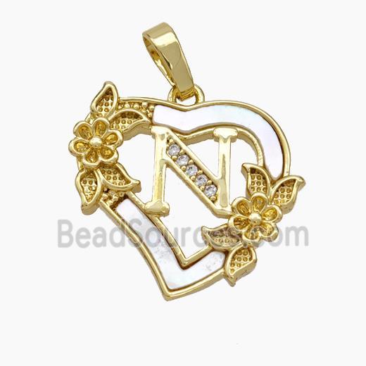 Copper Heart Pendant Pave Shell Zirconia Letter-N Flower 18K Gold Plated