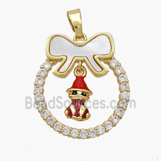 Christmas Gingerbread Man Copper Bow Pendant Pave Shell Zirconia Painted 18K Gold Plated