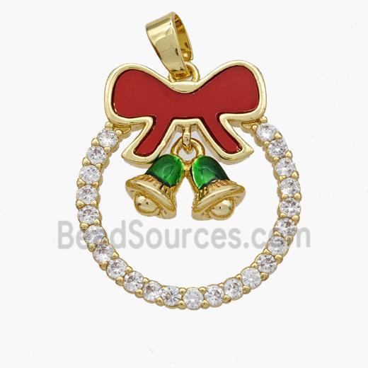 Christmas Bell Copper Bow Pendant Pave Shell Zirconia Painted 18K Gold Plated