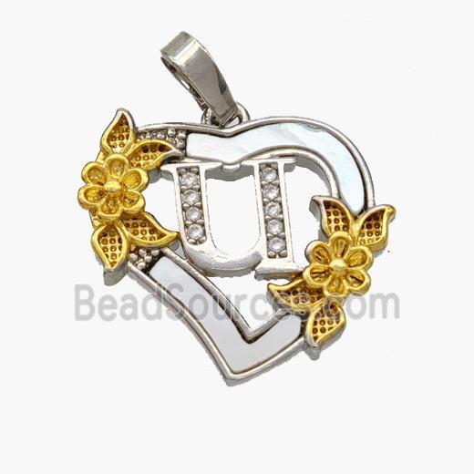 Copper Heart Pendant Pave Shell Zirconia Letter-U Platinum Plated 18K Gold Flower