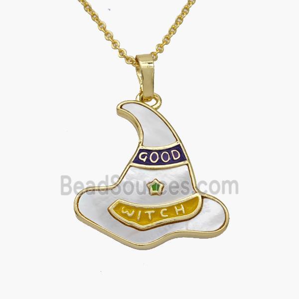 Halloween Witch Hat Charms Copper Necklace Pave Shell Gold Plated