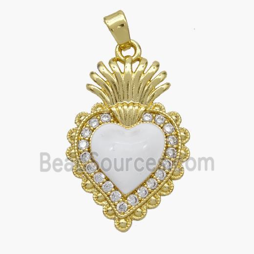 Copper Heart Pendant Pave Zirconia White Enamel Gold Plated